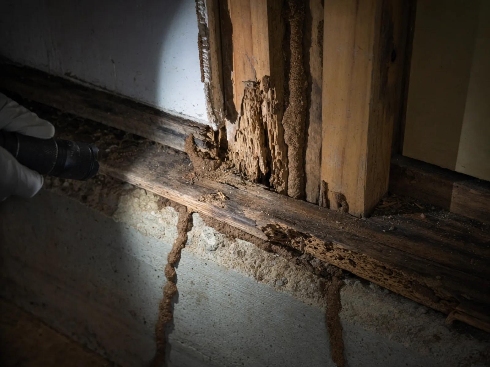 Termite damage and mud tubes on a wooden baseboard during an inspection